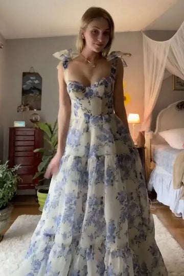 Wisteria Flower Pattern Prom Dress Spaghetti Strap Princess Formal Occasion Dresses A-line Party Dress