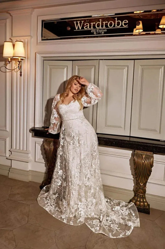 Timeless Plus Size A-Line Wedding Gown with Long Sleeves and Scoop Neckline, Designed with a Flattering Natural Waistline for an Elegant Bridal Look