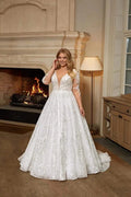 Graceful Plus Size A-Line Bridal Gown with Long Sleeves and V-Neckline, Featuring a Flattering Natural Waistline for a Classic and Elegant Bridal Look