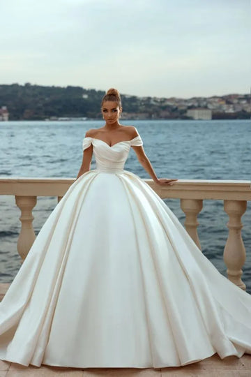 Sexy Off Shoulder Bridal Dresses Satin Lvory A-Line Pleated Simple Princess Wedding Gowns Vestidos De Novia Formal Party Custom Color