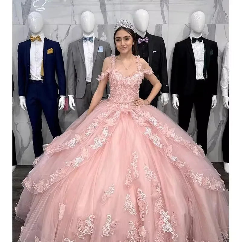 Pink Quinceanera Dresses Off-Shoulder Beaded Flowers Appliques Vestidos De 15 Anos Formal Prom Birthday Party Gown