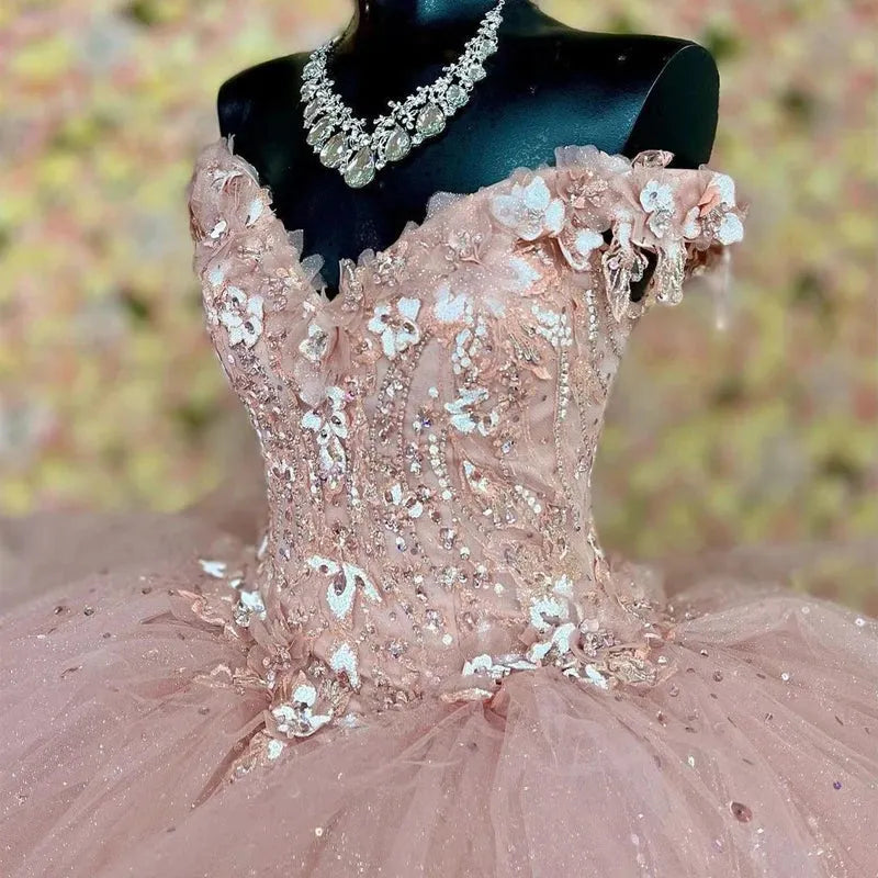 Glittering Pink Quinceanera Dress Off-Shoulder Party Prom Dress Lace Applique Sweet 16 Princess Vestidos De 15 Anos