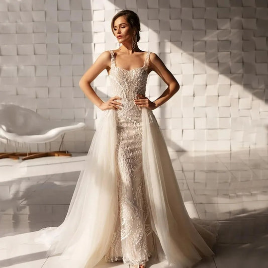 Sexy Mermaid Backless Button Wedding Dresses Spaghetti Strap Sleeveless Detachable Tail Long Bridal Gowns Vestido De Noiva Champagne
