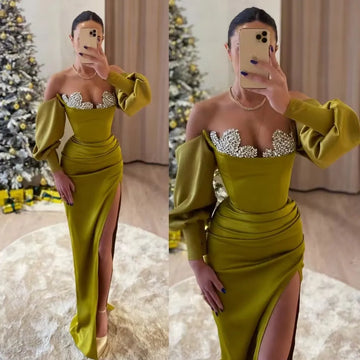 Modest Arabia Mermaid Prom Dress Off The Shoulder Puff Sleeves Side Slit Floor Length Simple Evening Dress