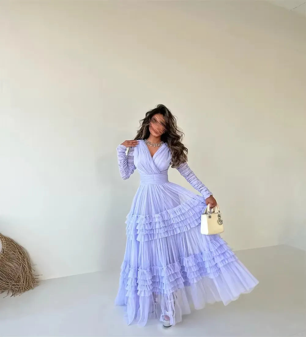 Elegant Arabia Tulle Prom Dress A-Line Long Sleeves Tiered Ruffles Pleat Floor Length Evening Dress vestidos de gala