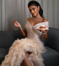Elegant Flesh Pink Prom Dress Mermaid Off The Shoulder Pleat Tiered High Side Slit Dresses vestidos de graduación