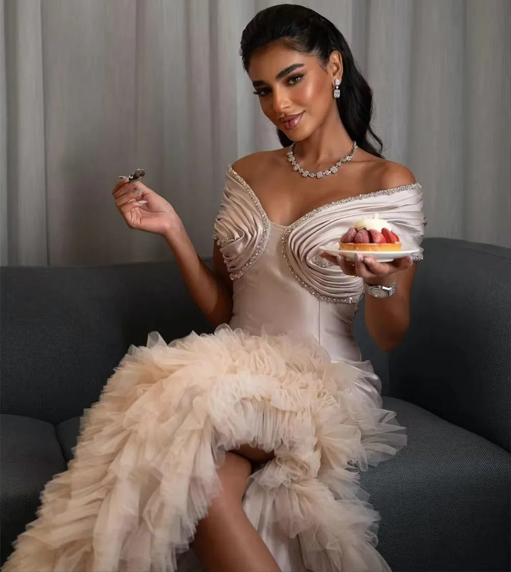 Elegant Flesh Pink Prom Dress Mermaid Off The Shoulder Pleat Tiered High Side Slit Dresses vestidos de graduación