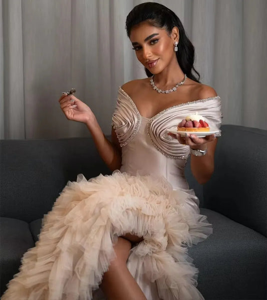 Elegant Flesh Pink Prom Dress Mermaid Off The Shoulder Pleat Tiered High Side Slit Dresses vestidos de graduación