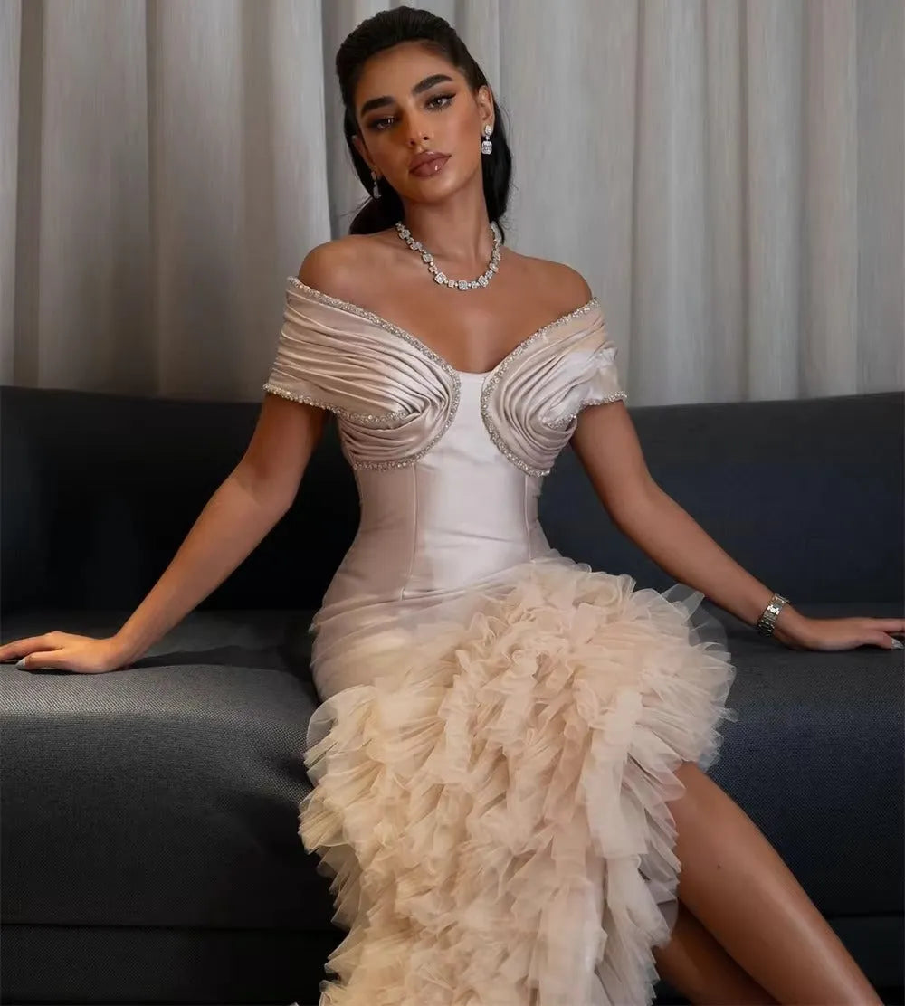 Elegant Flesh Pink Prom Dress Mermaid Off The Shoulder Pleat Tiered High Side Slit Dresses vestidos de graduación