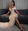 Elegant Flesh Pink Prom Dress Mermaid Off The Shoulder Pleat Tiered High Side Slit Dresses vestidos de graduación