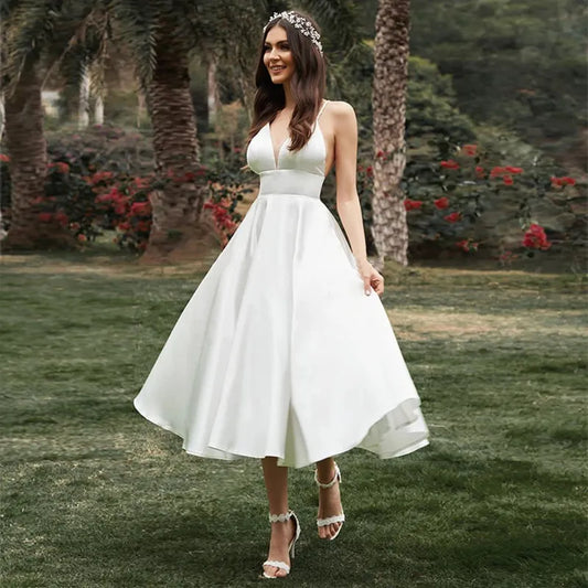 Simple Short Wedding Dress For Women Civil A Line V Neck Spaghetti Straps Bridal Gown Tea-Length Robe De Mariee Purple
