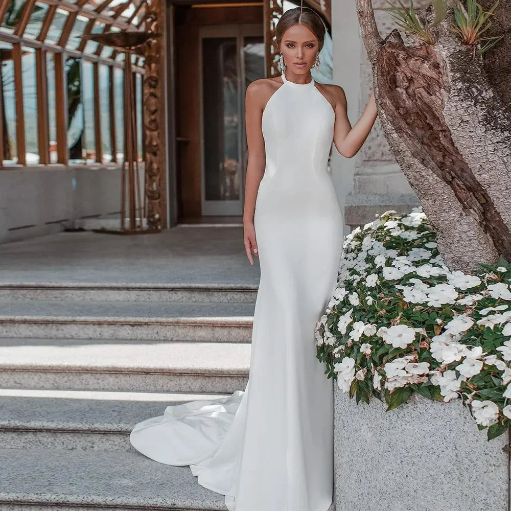 Witte satijnen trouwjurk Halterhals Mouwloos Rugloos Vakantie Stijl Br