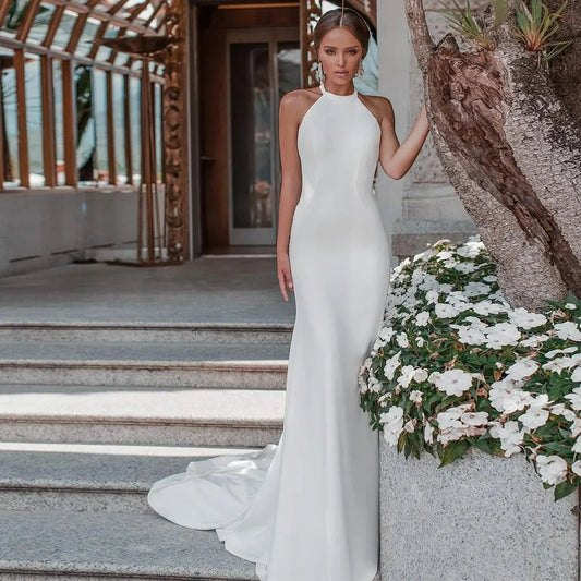 White Satin Wedding Dress Halter Neck Sleeveless Backless Holiday Style Bridal Gown Satin Mermaid Simple Formal Evening Dress As Picture