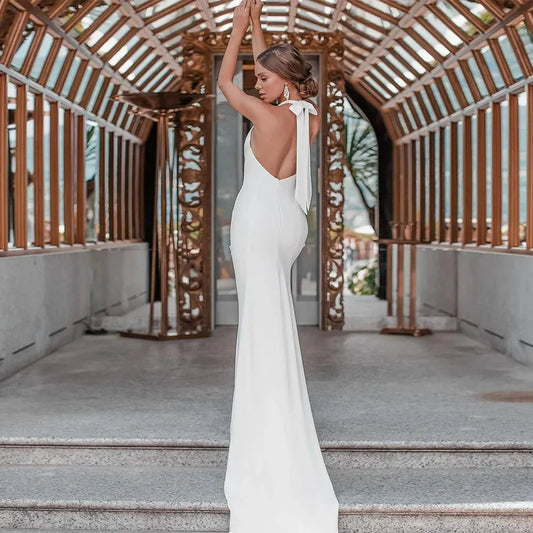 White Satin Wedding Dress Halter Neck Sleeveless Backless Holiday Style Bridal Gown Satin Mermaid Simple Formal Evening Dress