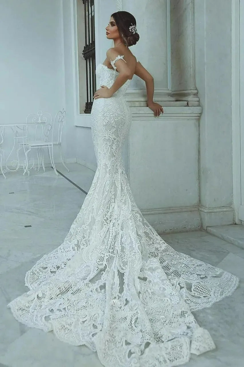 Romantic Sweetheart Neck Wedding Dress Appliques Mermaid Bride Robe Graceful Floor-length Bridal Dresses Vestidos De Novia Ivory