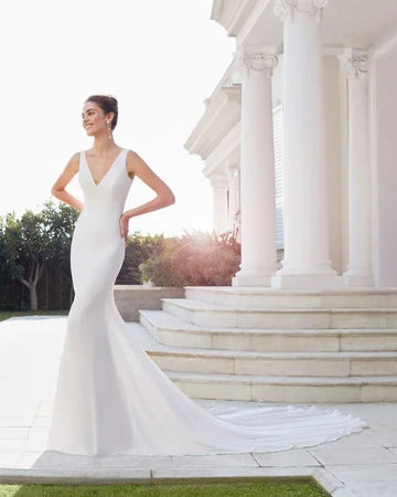 Elegant Mermaid Wedding Gown with Spaghetti Straps, Graceful V-Neckline, and a Flattering Natural Waist for a Sleek and Timeless Bridal Look - Camilla's