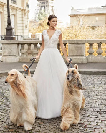 Charming A-Line Wedding Gown with Cap Sleeves, Elegant V-Neckline, and Delicate Lace Detailing for a Graceful Bridal Look