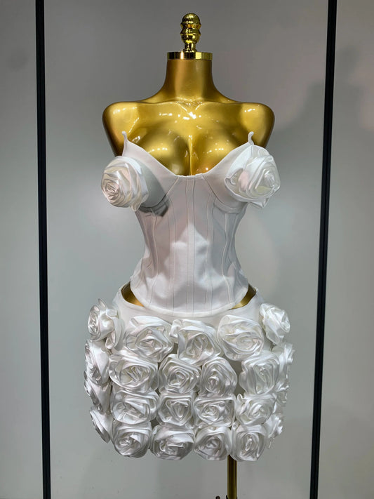 Women Sexy Backless Sleeveless 3D Flower Strapless Two Piece Set Celebirty Elegant Evening Club Party Luxury Birthday Gown WHITE