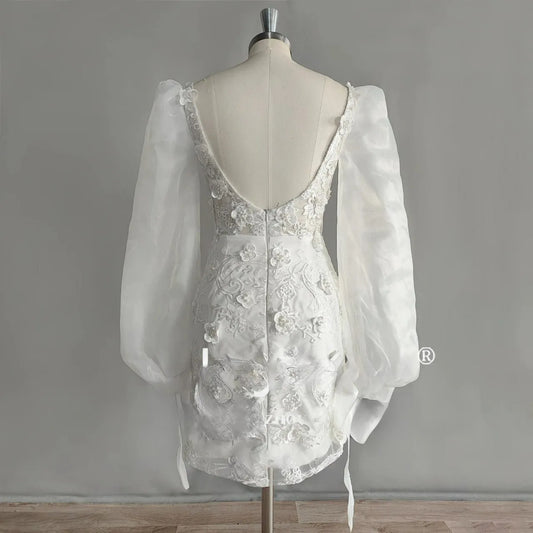 Long Puff Sleeves Short Wedding Dress Flowers Sheath Backless Square Neck Above Knee Mini Bridal Gown