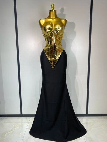 High Quality Women Sexy Strapless Gold Two Piece Set Celebrity Elegant Evening Party Maxi Skirt Suit Luxury Birthday Club Gown Gold