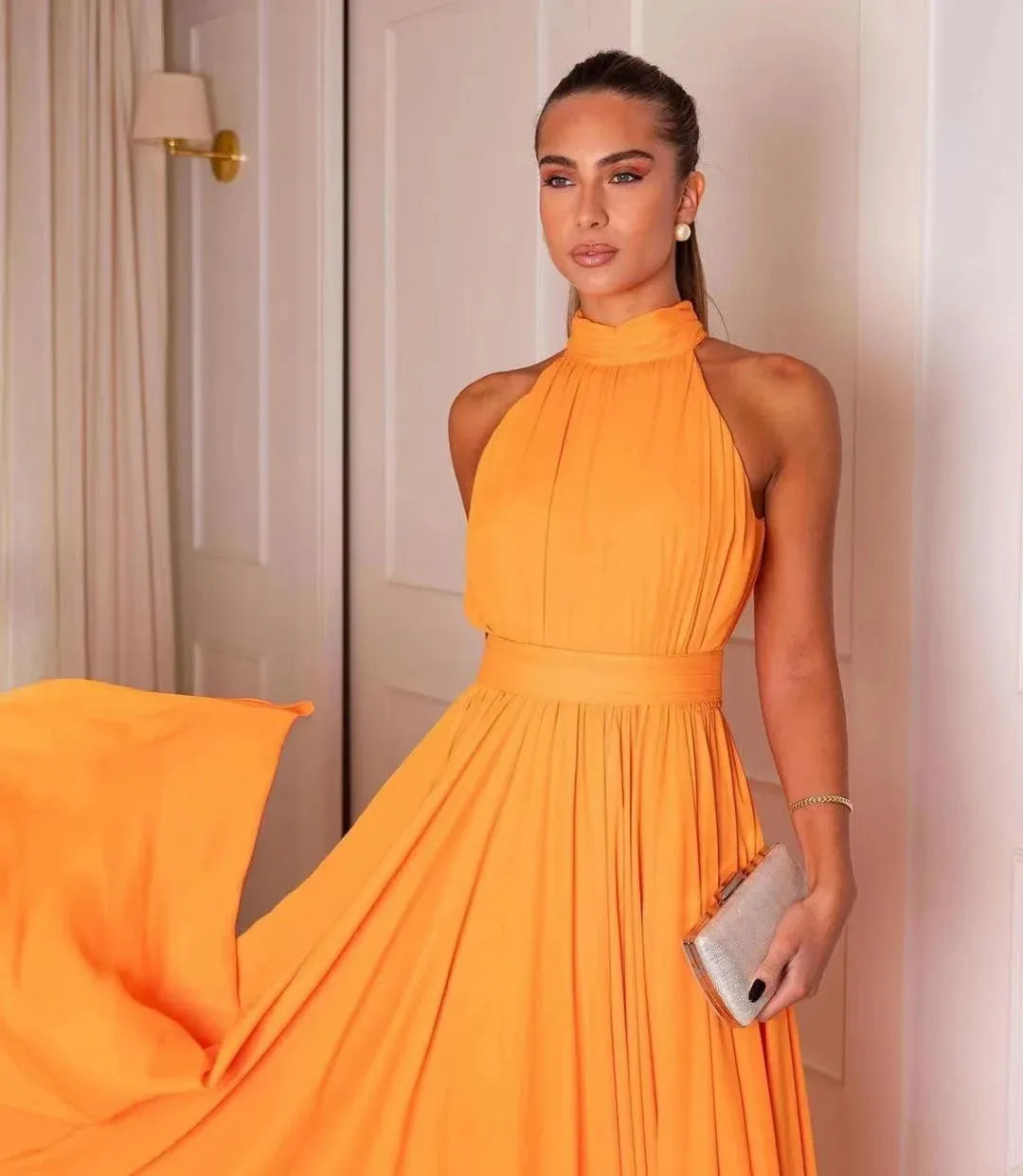 Elegant High Neck Sexy Sleeve A-line Prom Dress Light Orange 100D Chiffon Puffy Vestidos De Noche