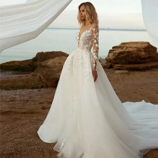 Darla Luxury 3D Floral Mermaid Wedding Dresses Long Sleeve Scoop Neck Lace Appliques Bridal Gowns Vestidos De Novia Custom