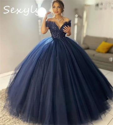 Elegant Navy Blue Quincenara Dress Ball Gown Beaded Lace Vestido De 15 Años Vintage Tulle Mexico Girl Birthday Dress Customized Navy Blue