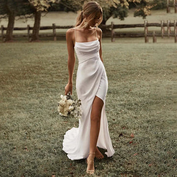 Simple Mermaid White Wedding Dress Spaghetti Straps High Slit Satin Backless Plain Bridal Gown Sweep Train Vestido de Novia White