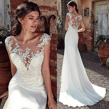 Simple Summer Mermaid Wedding Dress Sleeveless Court Train Lace Appliques Bridal Vestido De Noiva Plus Size Made Custom Champagne