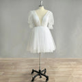 Real Photo Puff Sleeves Sparkly Tulle Mini Short Wedding Dress V Neck Backless Above Knee Shiny Bridal Gown Ivory