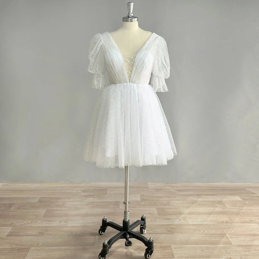 Real Photo Puff Sleeves Sparkly Tulle Mini Short Wedding Dress V Neck Backless Above Knee Shiny Bridal Gown Ivory