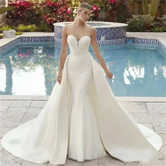 Vestidos De Novia Beach Sexy Wedding Dress Mermaid Strapless Lace Applique Satin Bridal Gown Detachable Train Robe De Soiree