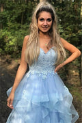 Light Blue Tulle Prom Dresses Edge Curl V-neck A-line Wedding Dress Lace Embroidery Floor-Length Vestidos De Fiesta