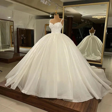 Square Neck Lace Appliqued Bridal Gown For Women Illusion Beach Fluffy Mopping Wedding Dresses Light Robe Bride Dresses Champagne