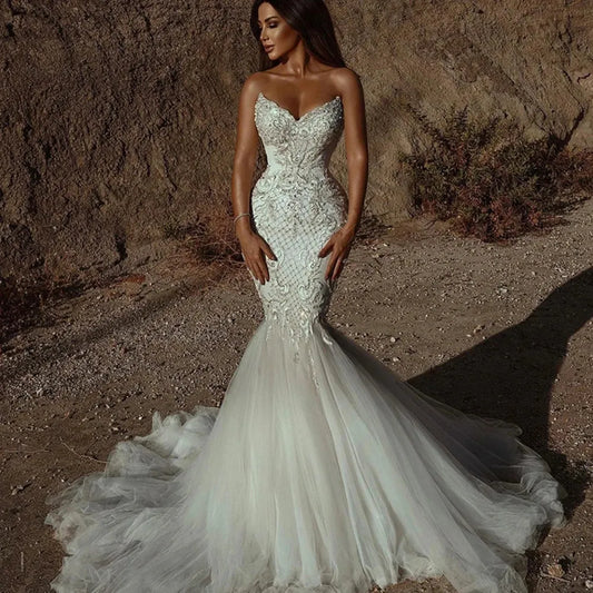 Luxury White/Ivory Mermaid Long Wedding Dress Boho Lace Beaded Women Marriage Bridal Gowns Plus Size Vestido De Novia Floor Length