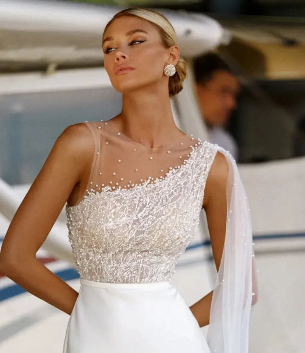 Luxury Long Beaded Wedding Dresses Jewel Neck Spandex Sleeveless Mermaid Floor Length Custom Made Party Gowns Vestidos De Novia