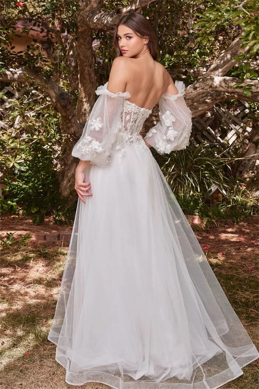 Amanda Luxury 3D Flower A-line Vestidos De Noche White Puffy Sleeve Romantic Tulle Prom Dress