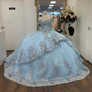Luxury Blue Quinceanera Dresses Sliver Beading Lace Vestidos De 15 Anos Corset Birthday Princess Party Gowns Blue
