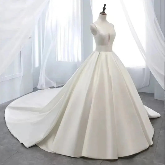 Ivory Satin Wedding Dresses High Quality Bridal Gowns Court Train Wedding Bridal Wear Arrival Fall Winter Vestidos De Novia White