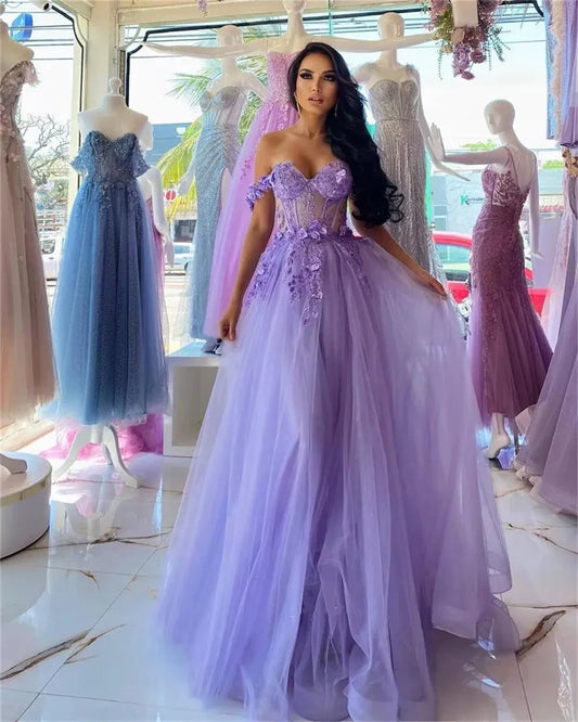 Princess Off Shoulder A-line Prom Dress Sweetheart Tulle Vestidos De Noche Lavender 3D Flower