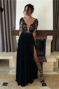 Black Lace Embroidery Prom Dresses V-Neck A-line Wedding Dress Elegant Long Sleeves Floor-Length Vestidos De Fiesta As Picture