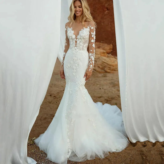 Darla Luxury 3D Floral Mermaid Wedding Dresses Long Sleeve Scoop Neck Lace Appliques Bridal Gowns Vestidos De Novia Custom Floor Length