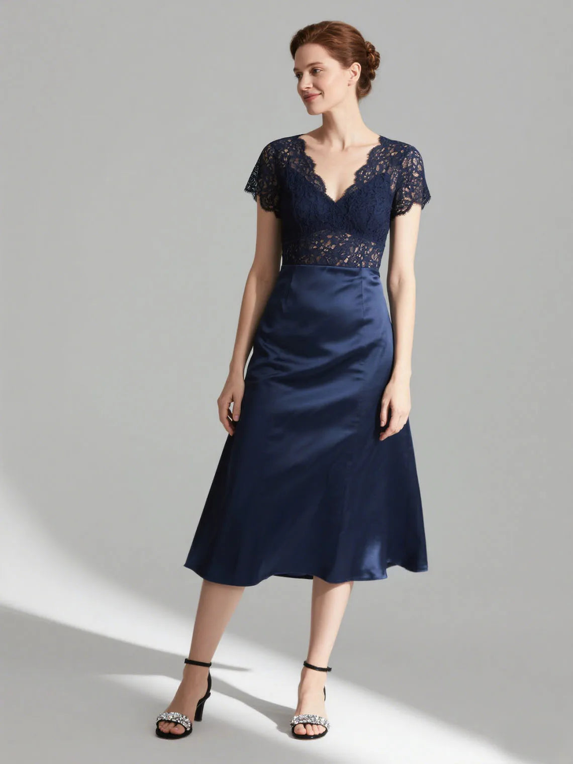 Mother Of The Bride Dress - Sexy A-Line V Neck Short Sleeves Mother of the Bride Dress Elegant with Lace Tea Length Wedding Guest Dress 2025 free customized