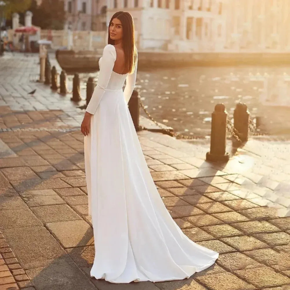 Boho Long Wedding Dresses Square Collar Satin Full Sleeves A Line Open Back Bridal Gowns Formal Occasion Dress Formal Occassion