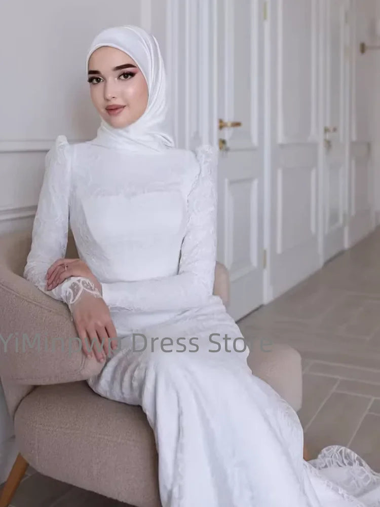 Muslim Wedding Dress with Hijab for Bride High Neck Long Sleeve Modest Sweep Train Lace A-Line Gown Customize Vestidos De Novia