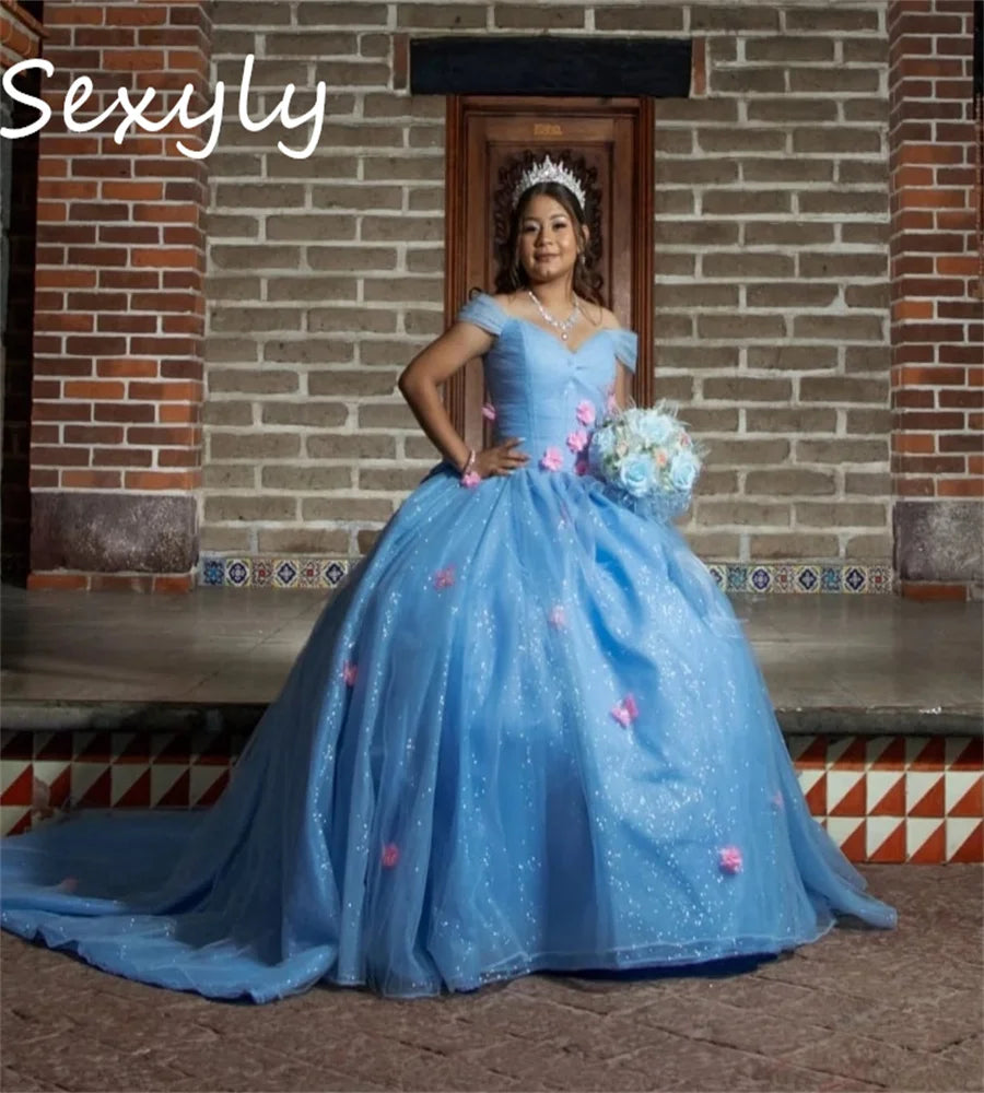 Fairytale Baby Blue Vestidos De 15 Quinceañera Charro Pink Florals Vestidos Para 15 Años Butterfly Sweet 16 Dress Customized Blue
