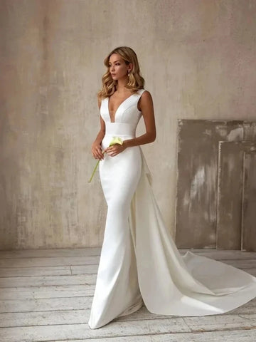Satin Elegant Wedding Dresses Sexy Mermaid For Formal Party Deep V-Neck Backless Sleeveless Simple Robes Vestidos De Novia CHINA
