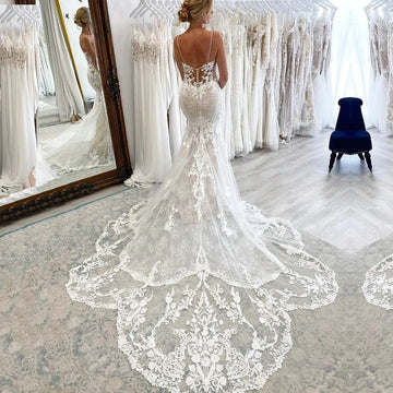 Boho Wedding Dress Featuring an Intricate Bespoke Bodice with Bold 3D Floral Lace Appliqués Motifs Mermaid Skirt Gown
