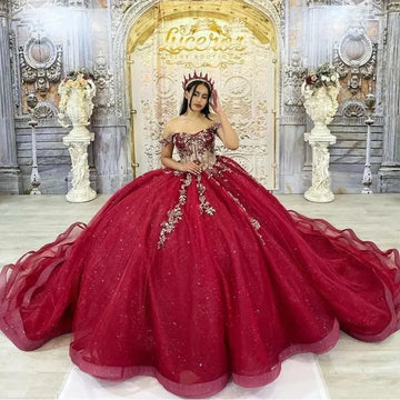 Shiny Burgundy Quinceanera Dresses Beading Lace Vestidos De 15 Anos Off-Shoulder Formal Birthday Party Corset Burgundy