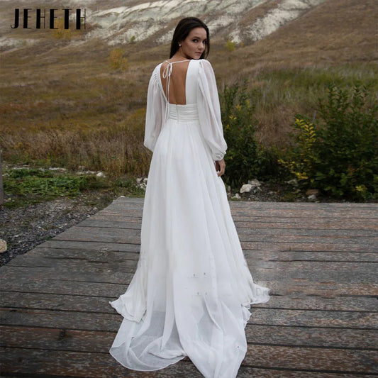 JEHETH Simple Puff Sleeve Wedding Dress Bridal Long A Line Backless Beach Bride Gown Sweep Train Chiffon Robe De Mariée Vestidos